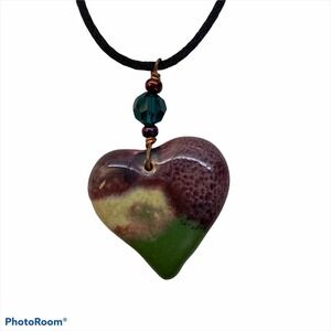 Artisan Ceramic Heart Pendant on Leather Cord Necklace